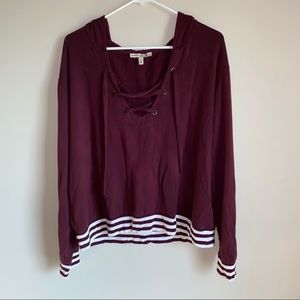 Express Lace-Up V Neck Hooded Sweater